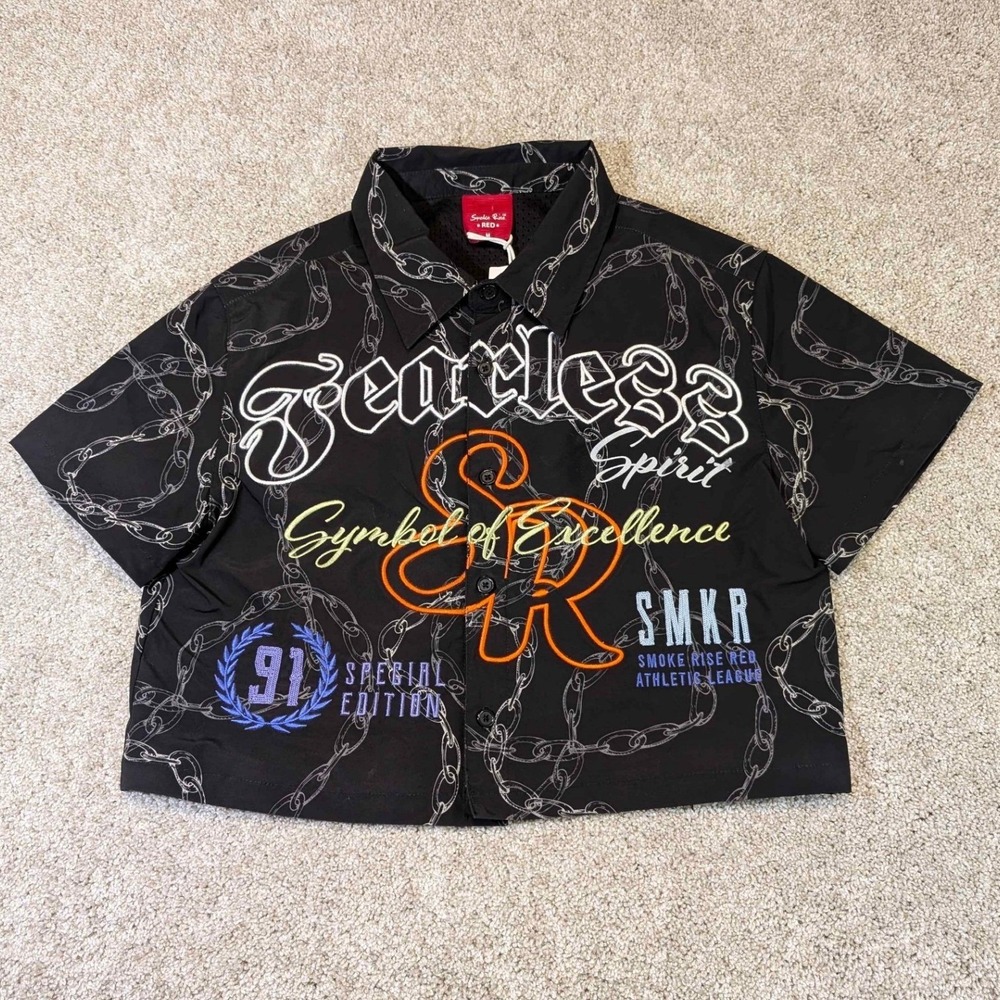 SMKR Smoke Rise Red Black Chain Print Graphic Button Up Shirt Jacket Mens M